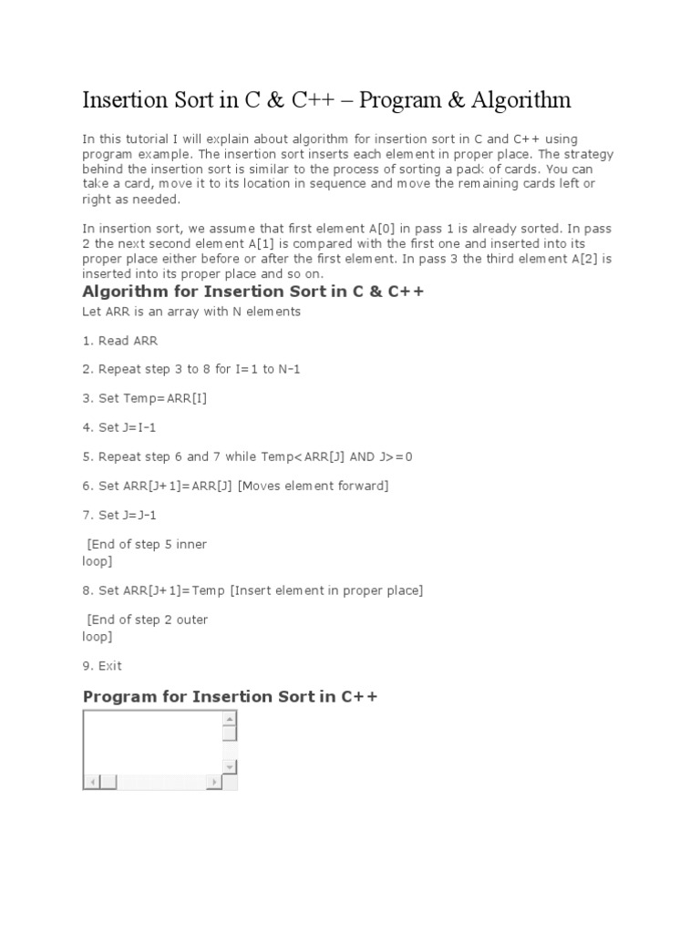 Algorithm For Insertion Sort in C & C++ | PDF | Teaching Methods ...