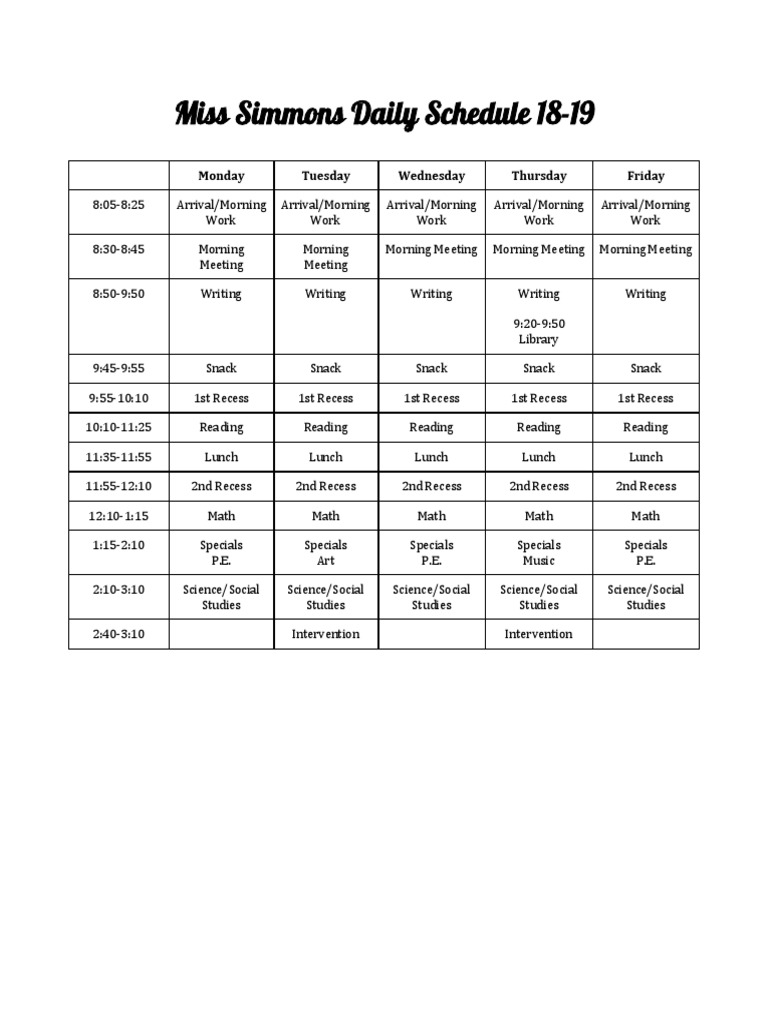 Miss Simmons 2018-2019 Daily Schedule | PDF | Language Arts & Discipline