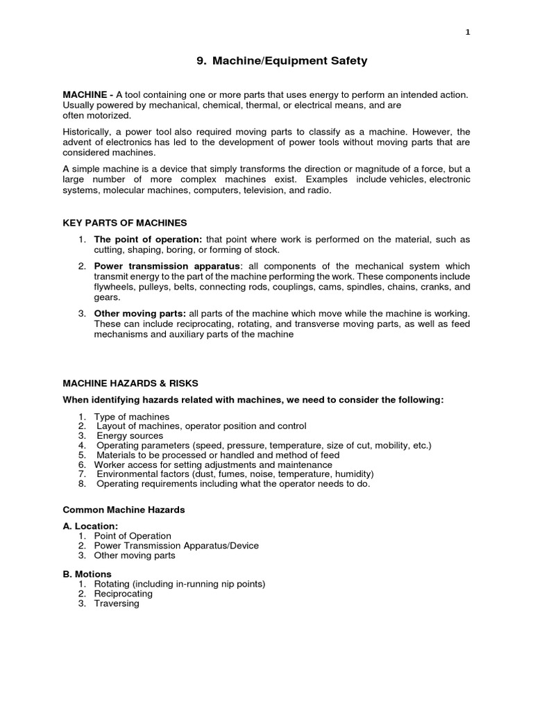 SafetyMgt Handouts Topic9 | PDF | Machines | Personal Protective Equipment
