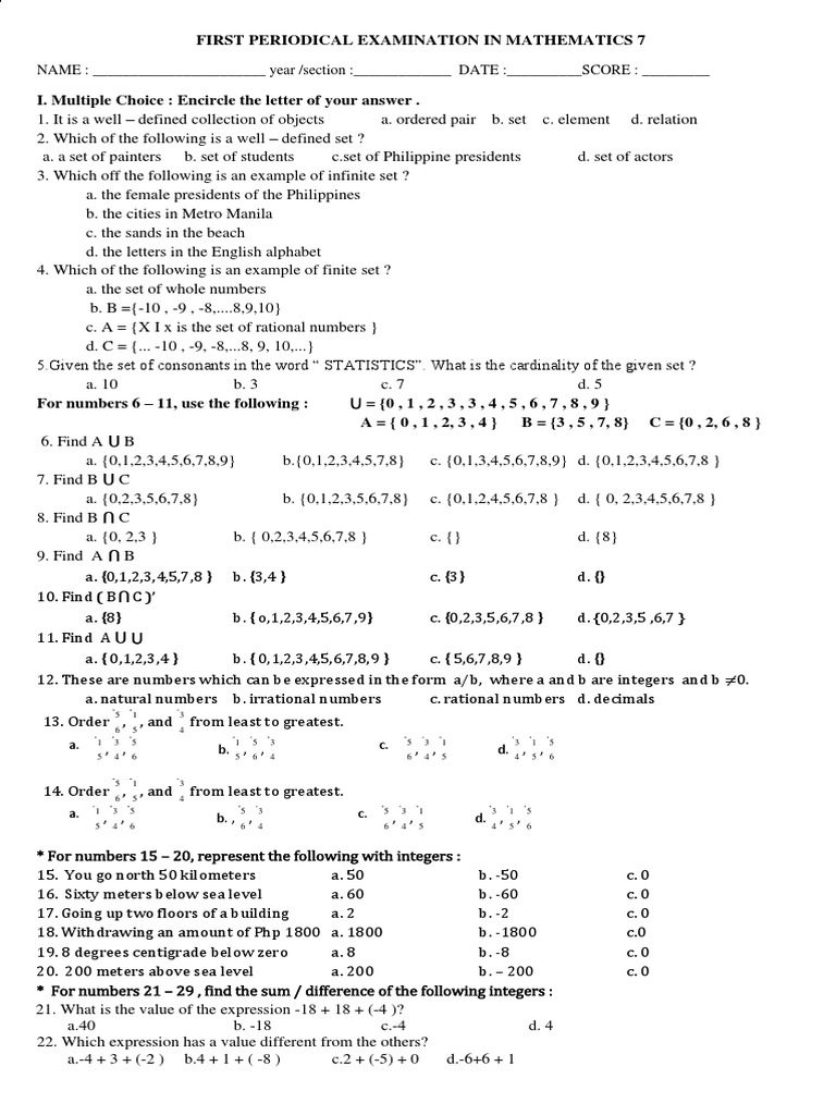 Grade 7 Math 2nd Quarter Exam | PDF | Set (Mathematics) | Integer
