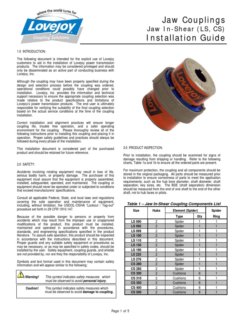 Jaw Couplings Installation Guide Jaw InShear (LS, CS) PDF Screw