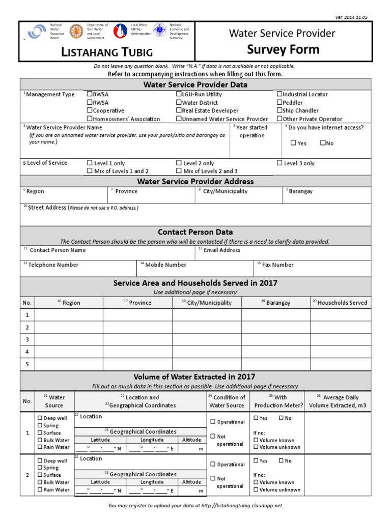 Water Service Provider Survey Form | Expense | Balance Sheet