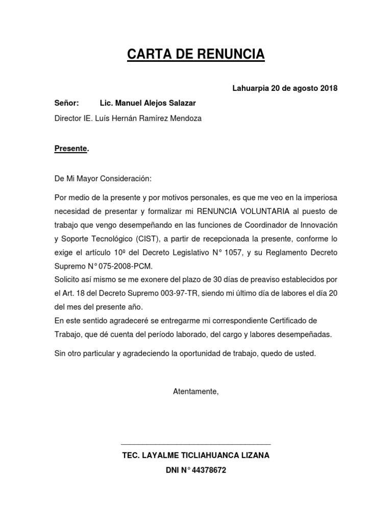 Carta De Renuncia Cas Pdf