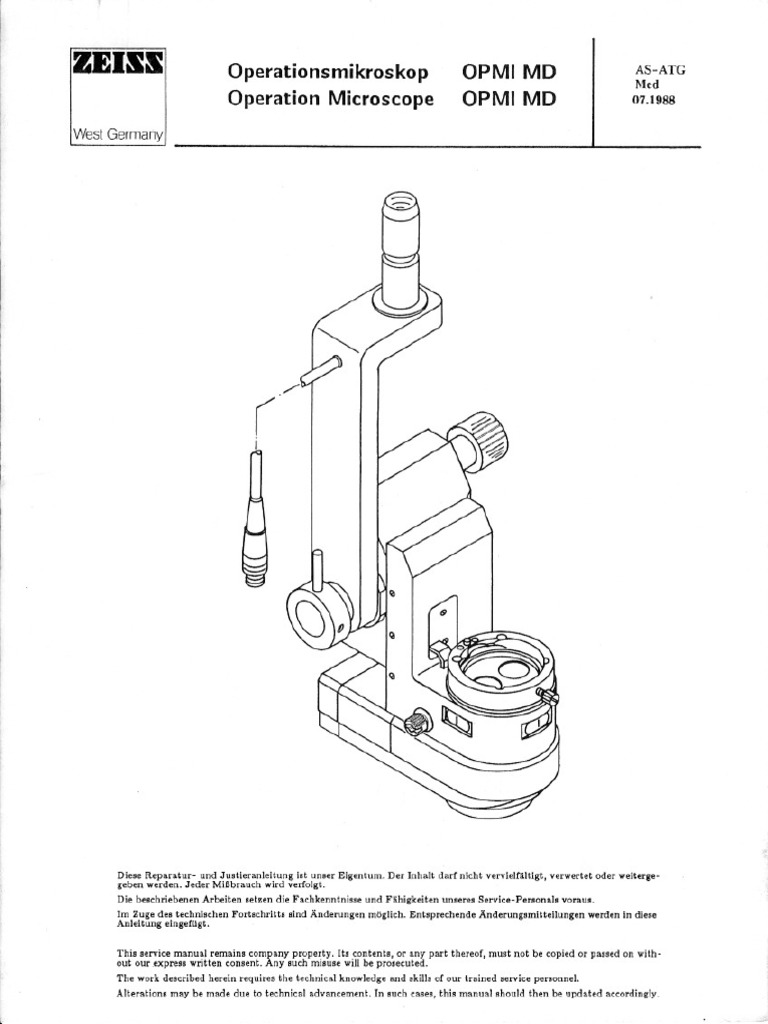 Zeiss OPMI MD Operation Microscope Parts Manual PDF