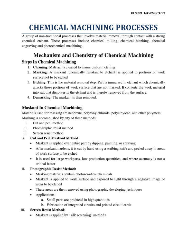 Chemical Machining Processes PDF Conservation And Restoration