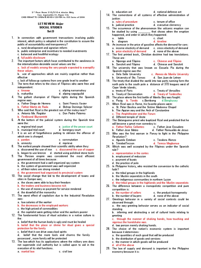 LET REVIEWER Social Studies D 1 PDF President Of The Philippines