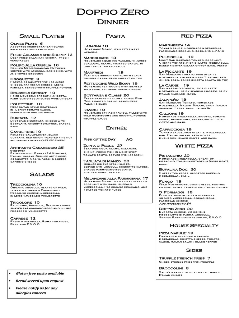 Doppio Zero Dinner Menu Overview | PDF | Mozzarella | Pizza