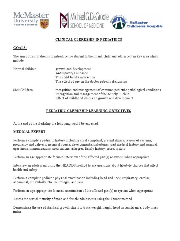 Pediatric Clerkship Learning Objectives | PDF | Adolescence | Pediatrics
