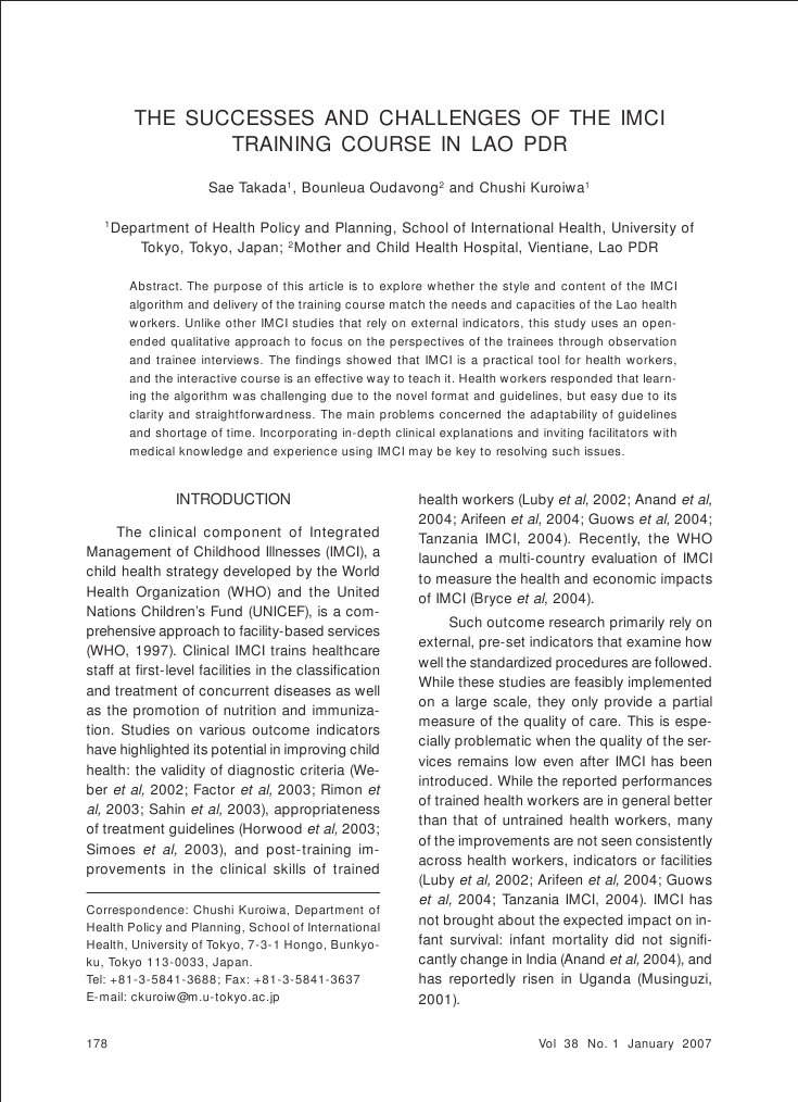 The Successes and Challenges of The Imci Training Course in Lao PDR ...
