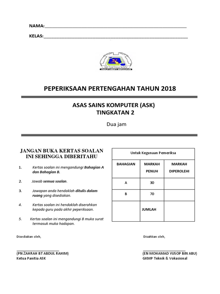 Soalan Peperiksaan Akhir Tahun Ask Tingkatan 2 Muharram f