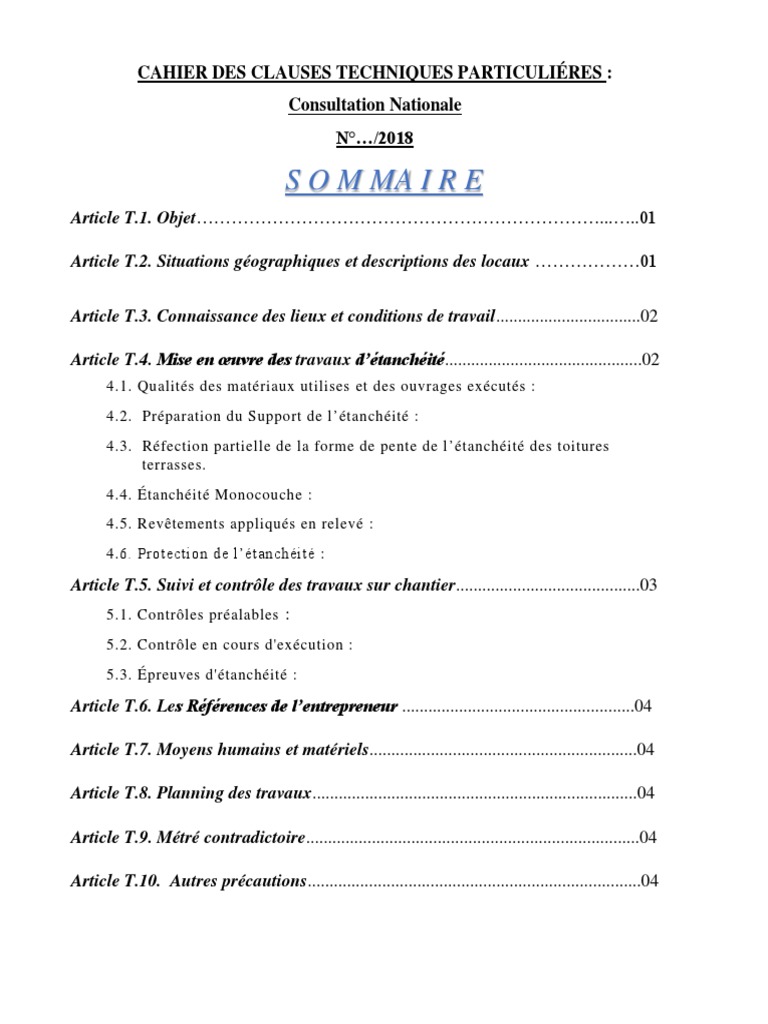 Sommaire: Cahier Des Clauses Techniques Particuliéres: Consultation ...