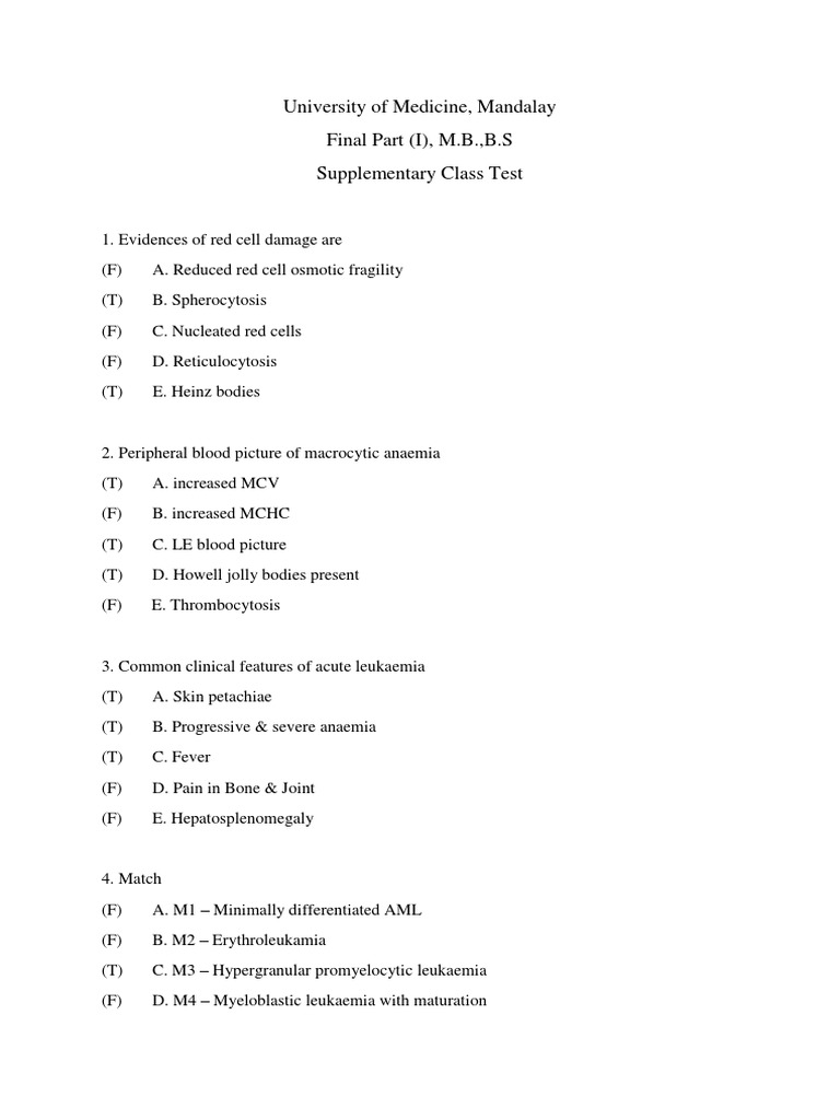 M.B.,B.S Supplementary Test Questions | PDF | Anemia | Red Blood Cell
