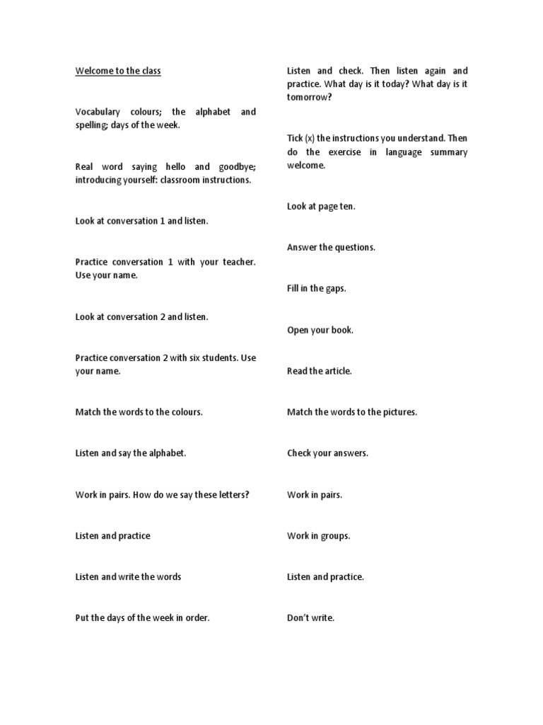 Beginner English Class Guide | PDF | Question | English Language