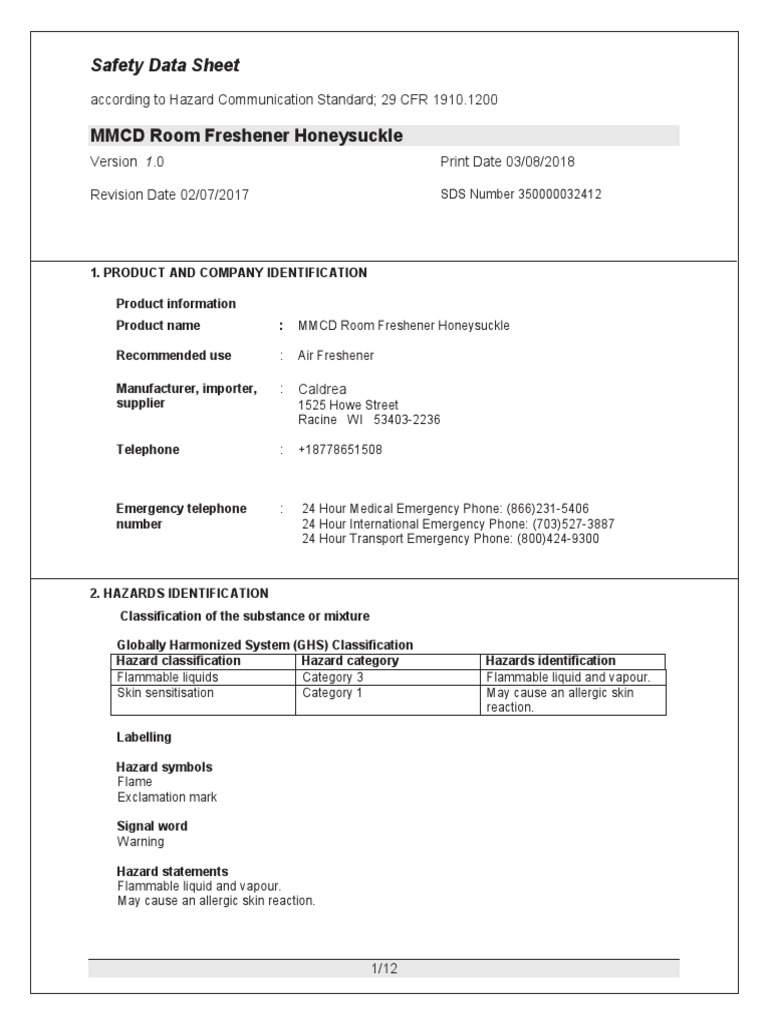 MMCD Room Freshener Honeysuckle Safety Data Sheet PDF Toxicity