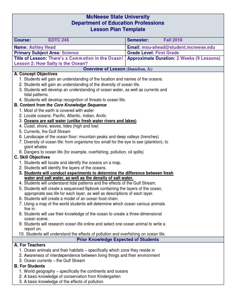 Mcneese State University Department of Education Professions Lesson ...