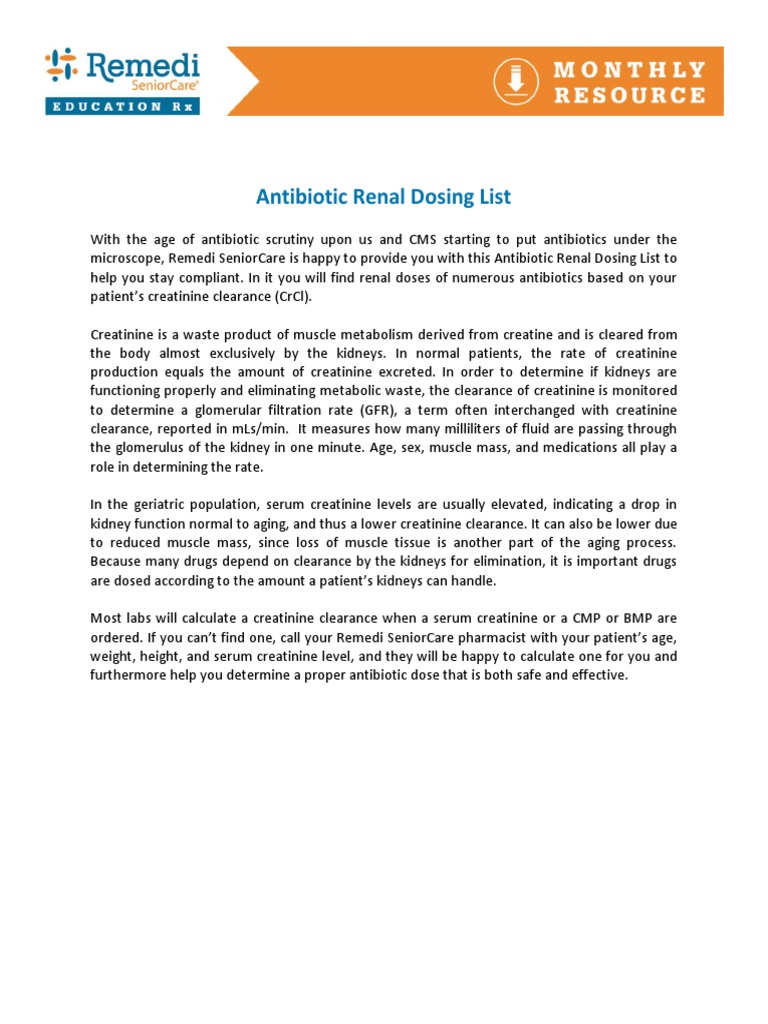 Antibiotic Renal Dosing Guidelines | PDF | Creatinine | Renal Function