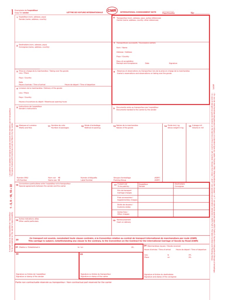CMR Model 4exemplare Consignee Dangerous Goods