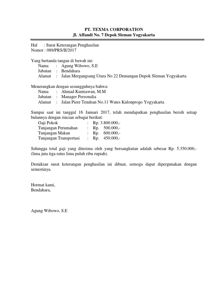 Contoh Surat Keterangan Penghasilan Docx