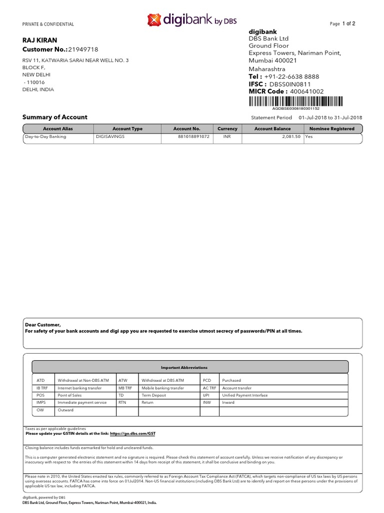 DBS Bank Account Statement Summary | PDF | Point Of Sale | Banks