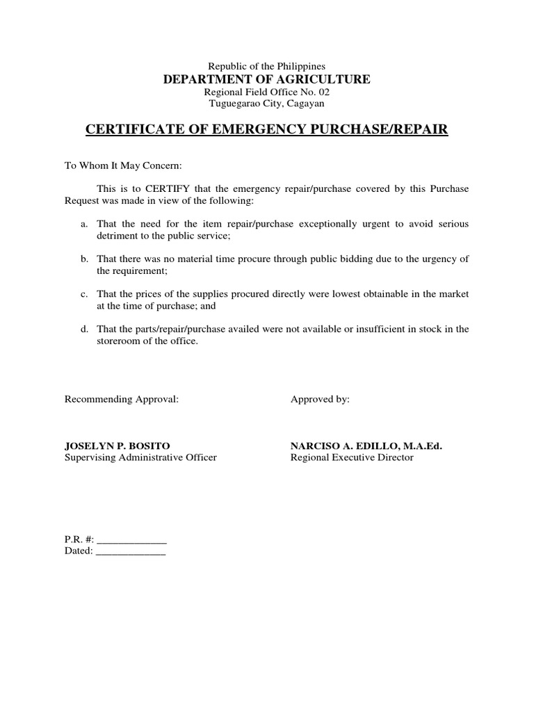 Certificate Of Emergency Purchase/Repair