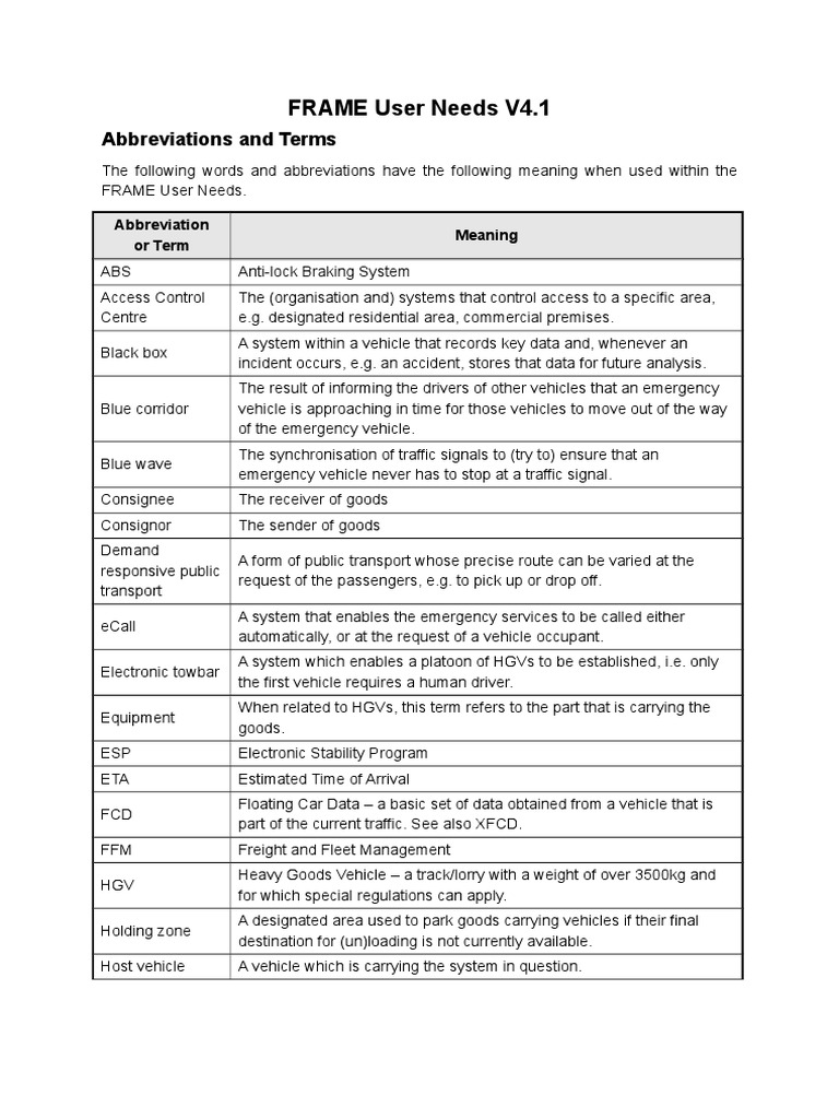 Frame User Needs v4.1 01 | PDF | Traffic | Software Framework