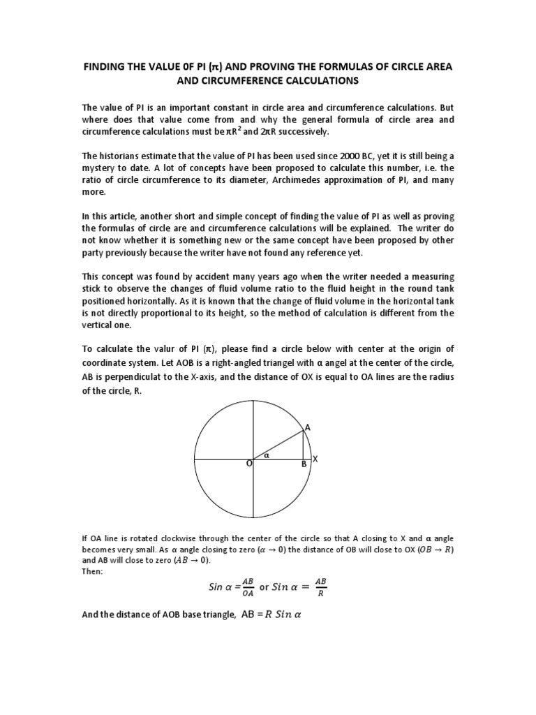 Finding the PI Value and Proving the Formulas of Circle Area and Circumference Calculations
