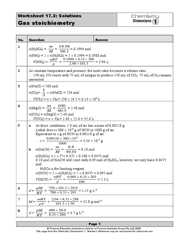 Gas Stoichiometry: Worksheet 17.3: Solutions | PDF | Mole (Unit) | Gases