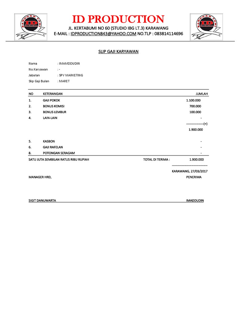 Contoh Slip Gaji Karyawan Marketing | PDF