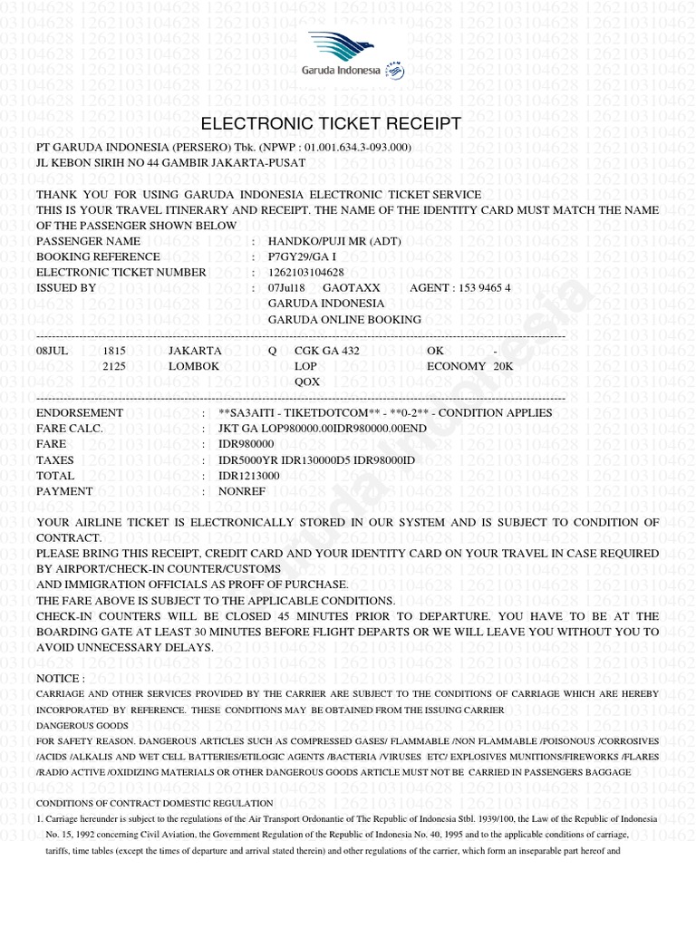 Garuda Indonesia Electronic Ticket Receipt PDF Baggage Business