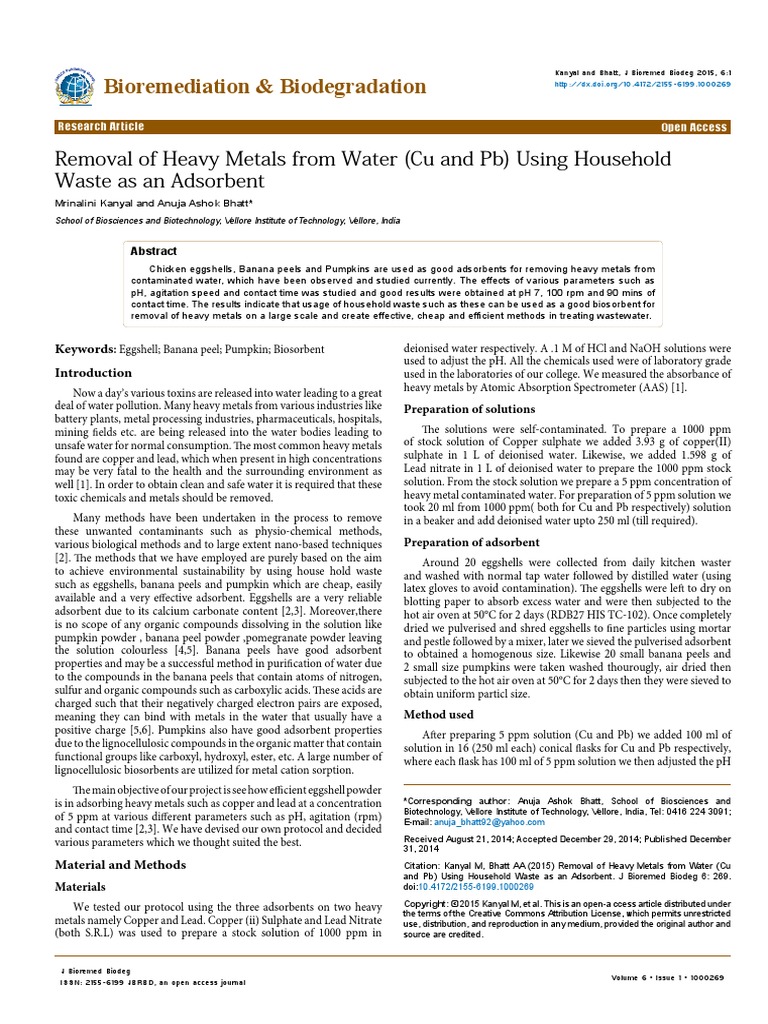 Bioremediation & Biodegradation: Removal of Heavy Metals From Water (Cu ...
