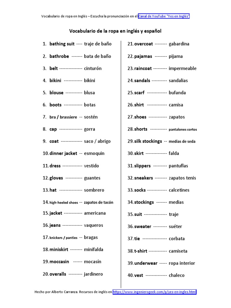 Vocabulario de La en Inglés Español - Prendas de Vestir - Lista de Palabras | PDF