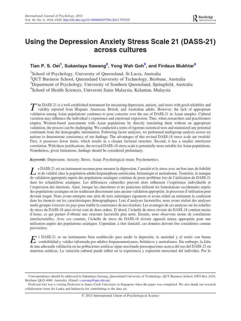 Using The Depression Anxiety Stress Scale 21 (DASS-21) Across Cultures ...