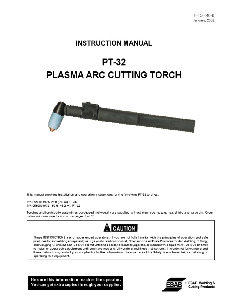 PT32 Plasma Arc Cutting Torch Instruction Manual PDF Welding Construction