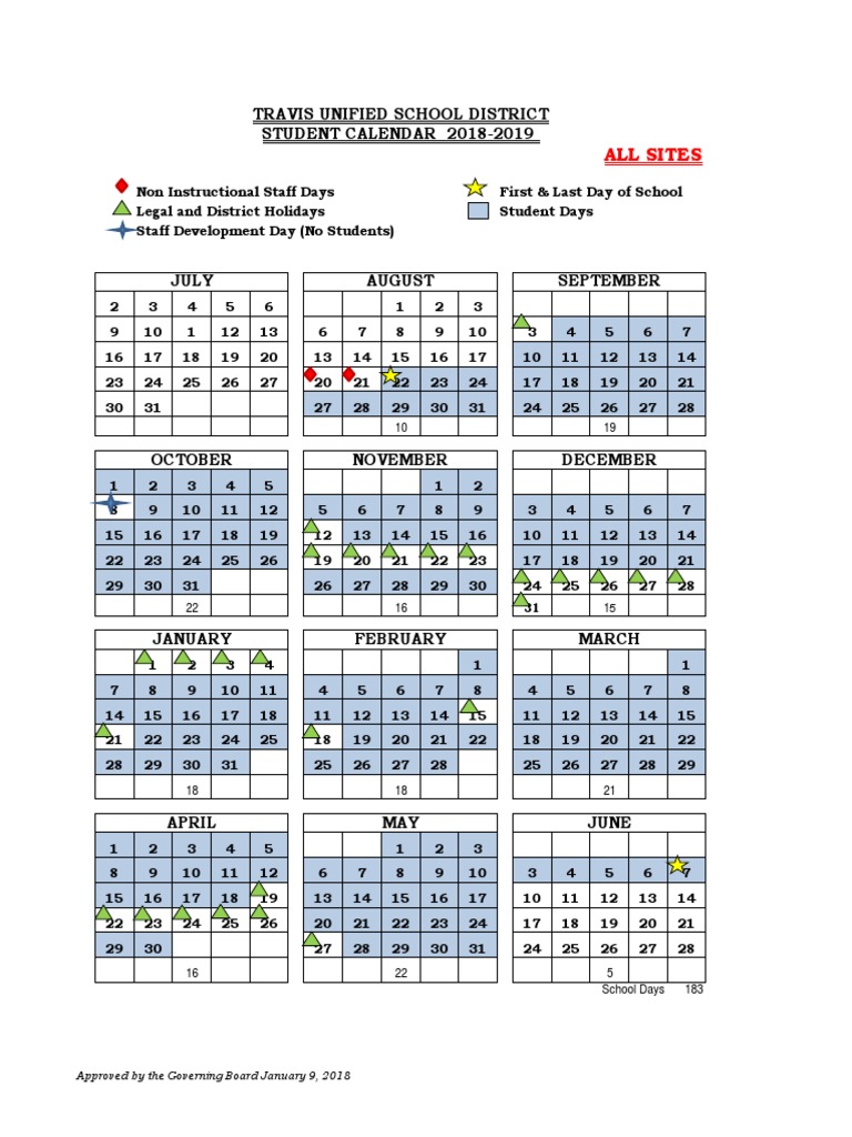 Travis Unified School District STUDENT CALENDAR 20182019 All Sites PDF