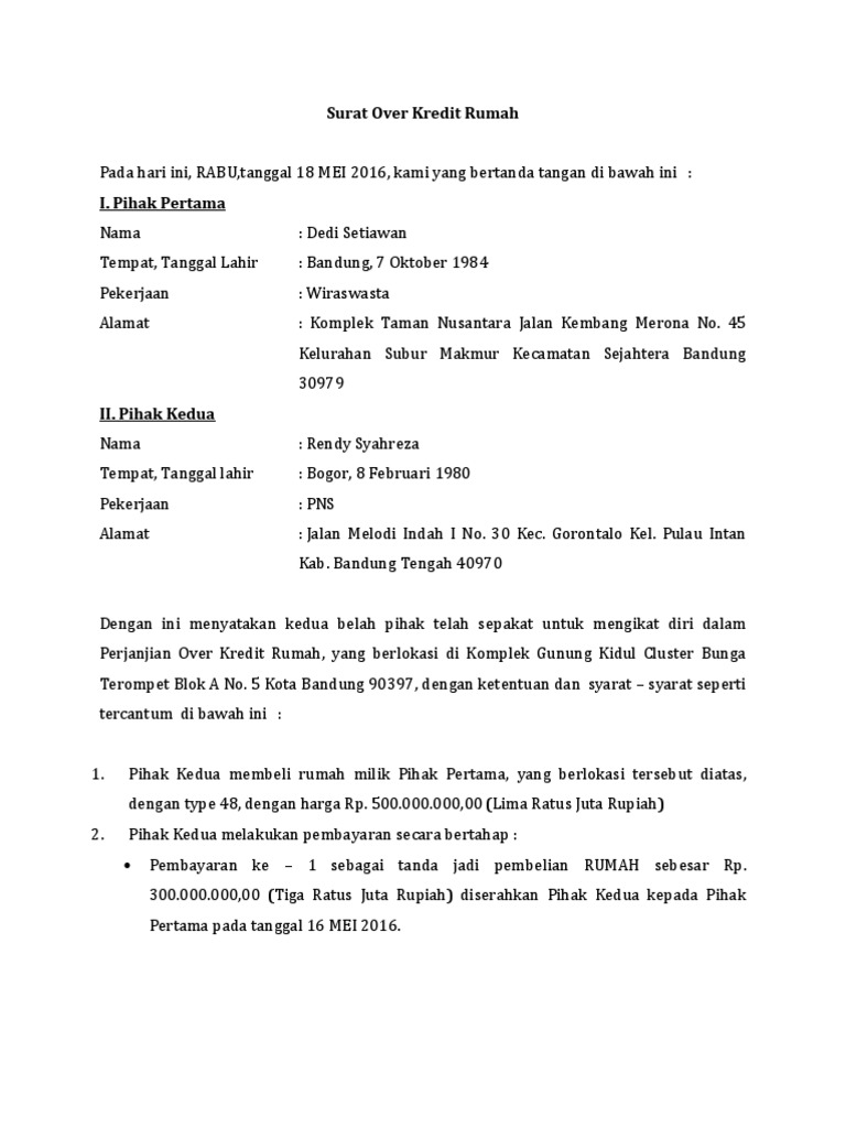 Contoh Surat Over Kredit Rumah Melalui Notaris Pdf