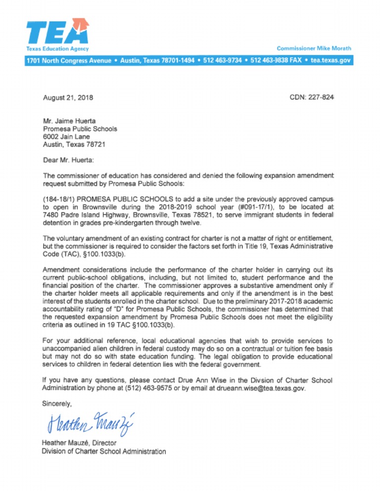 TEA Letter to Promesa Public Schools State School Public Sphere