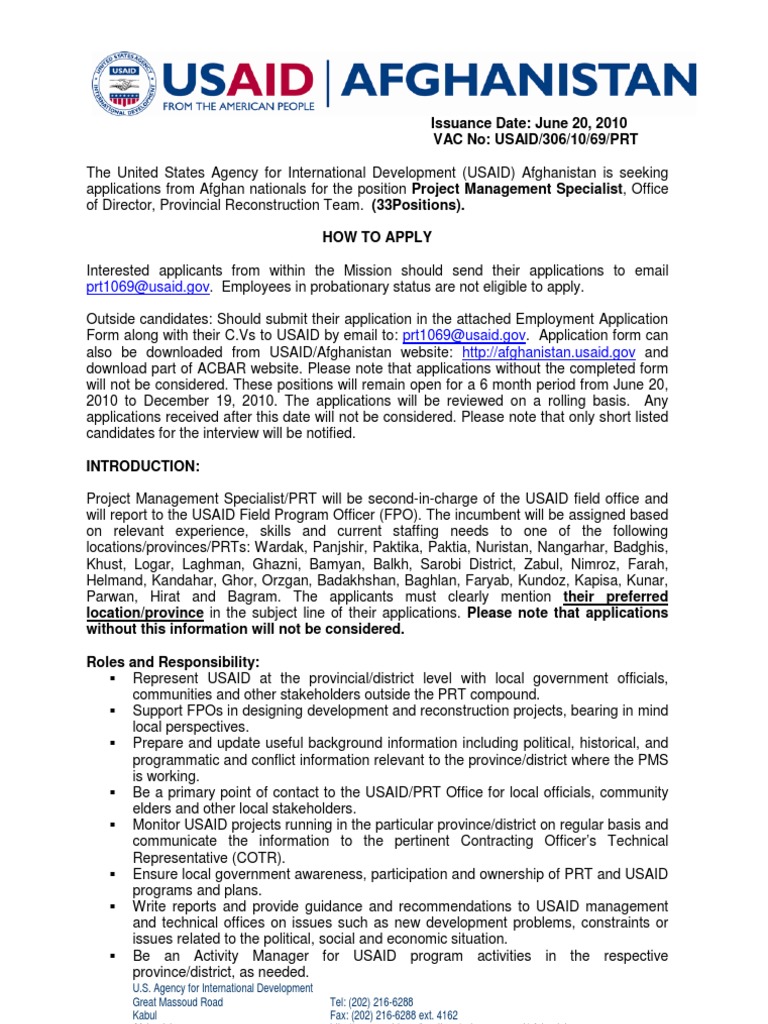 Afghanistan USAID Job United States Agency For International