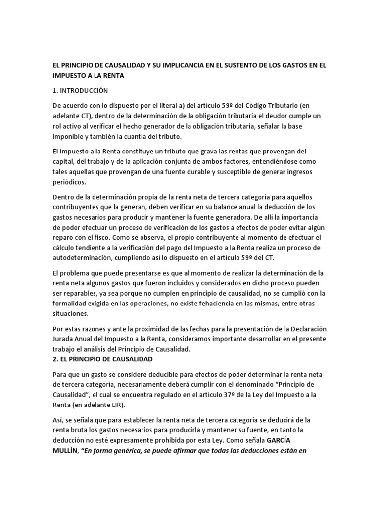 Causalidad en Gastos del Impuesto a la Renta | PDF | Impuesto sobre la ...