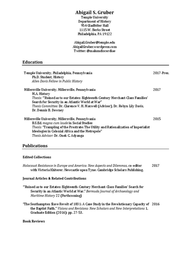 History PhD Student's Academic CV | PDF | Pennsylvania | University