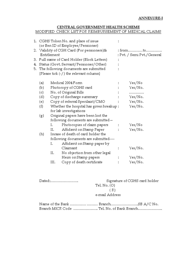 CGHS Medical Reimbursment Form PDF Government Information Government