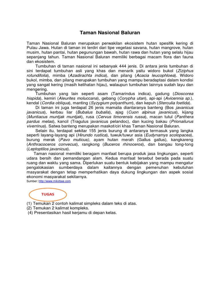 Contoh Kalimat Simpleks Dalam Teks Taman Nasional Baluran