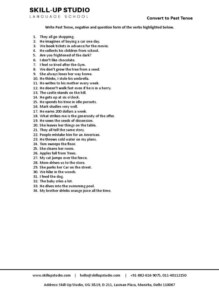 Convert To Past Tense Write Past Tense, Negative and Question Form of