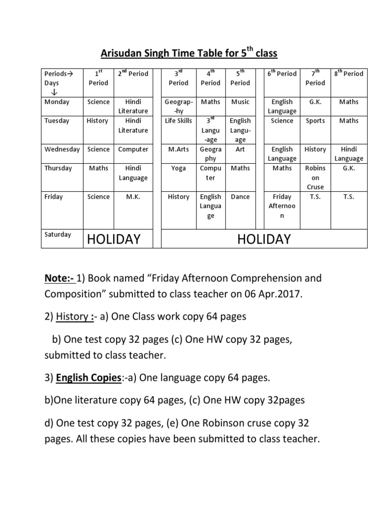 Holiday Holiday: Arisudan Singh Time Table For 5 Class | PDF | Language ...