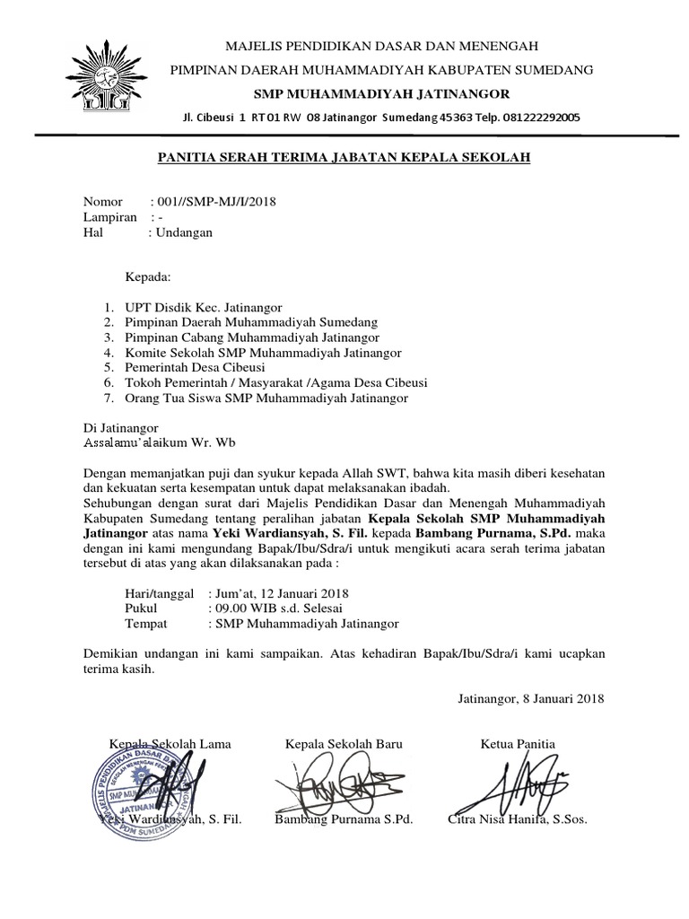 Contoh Surat Undangan Serah Terima Jabatan Kepala Sekolah Sd / Baru