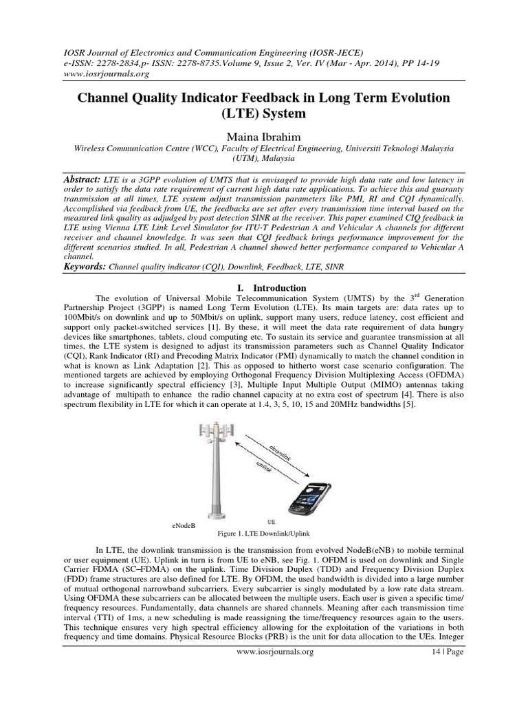 Channel Quality Indicator Feedback in Long Term Evolution (LTE) System ...