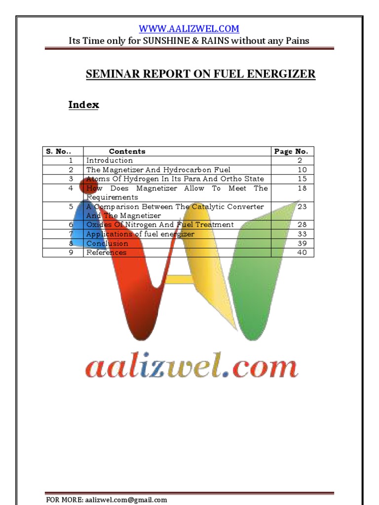 Seminar Report On Fuel Energizer PDF Hydrogen Combustion
