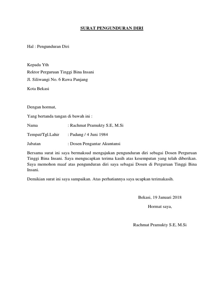 Surat Pengunduran Diri Dosen Pasal 67 Tabel PHK dan Besar Kompensasi Sesuai UU No.