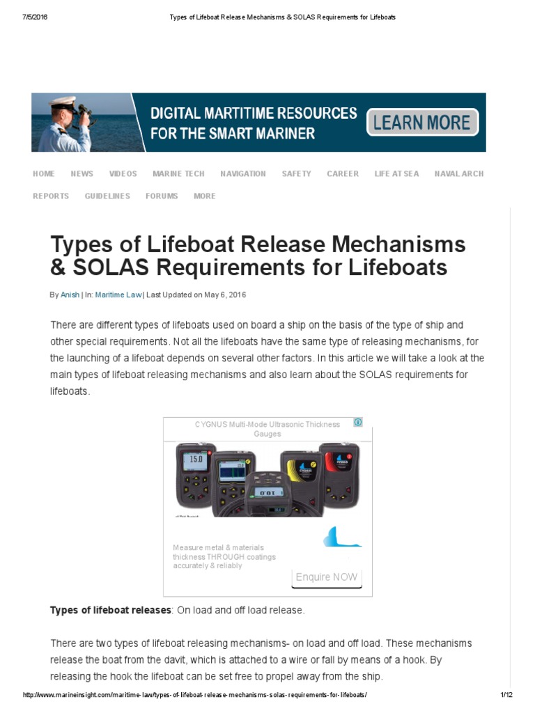 Types of Lifeboat Release Mechanisms & SOLAS Requirements For Lifeboats PDF Water Transport