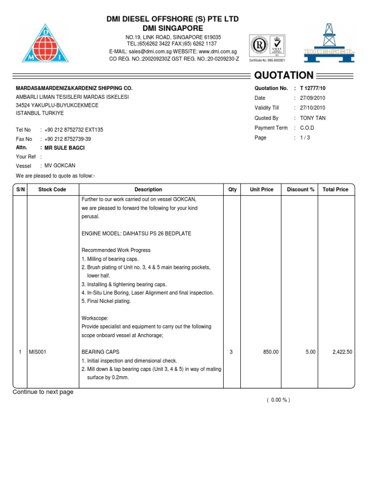 Quotation: Dmi Diesel Offshore (S) Pte LTD Dmi Singapore | PDF