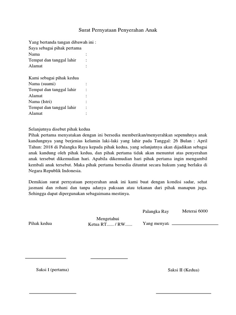 Surat Pernyataan Penyerahan Anak